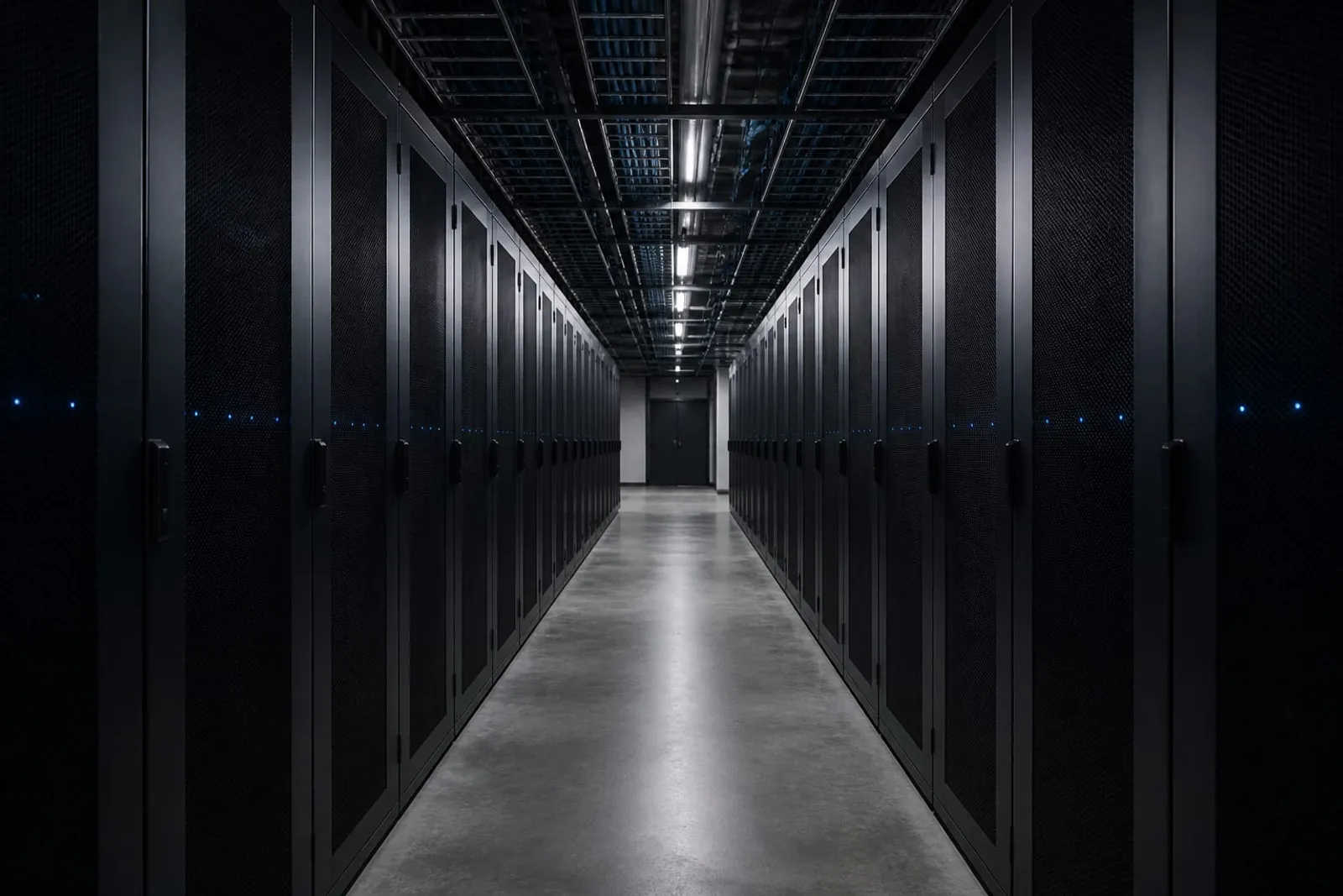 Pasillo de un centro de datos con racks de servidores a ambos lados.