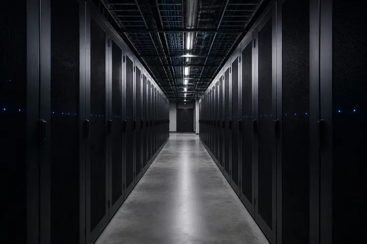 Pasillo de un centro de datos con racks de servidores a ambos lados.